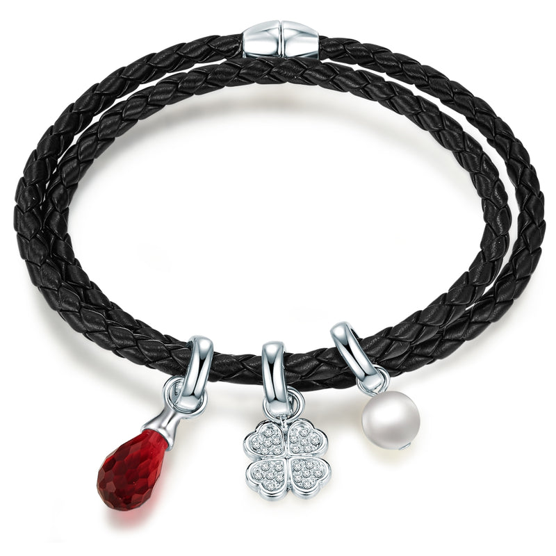 Armband schwarz Perle (synth.) weiß verziert mit Kristallen von Swarovski® weiß Glas rot